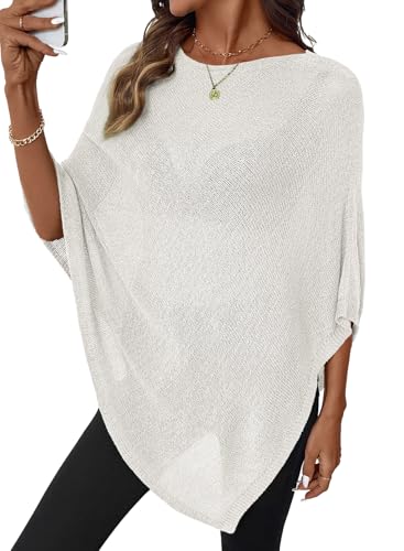 SHEWIN Women's Tops Casual Sheer Knit Poncho Tops for Women Lightweight See Through Vacation Outfits Crochet Mesh Y2K Outfits Spring Tops for Women,(US 12-14) L,White