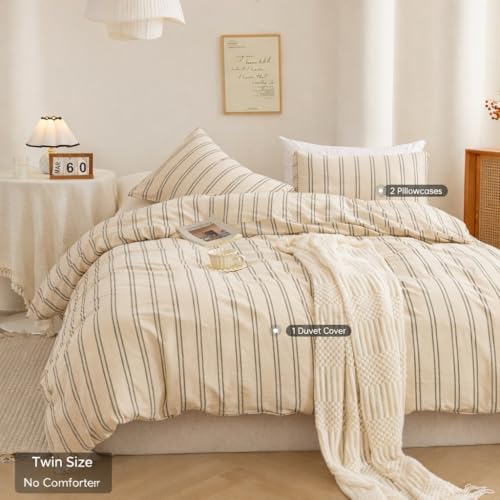 Image of ECOCOTT Duvet Cover Twin Size - Linen Feel Organic Natural 100% Washed Cotton, Soft Breathable & Durable Bedding Set, Comfy Stripe Design for All Seasons
