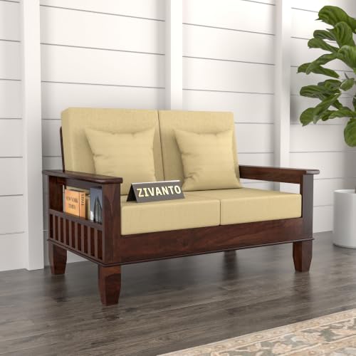 Image of Solid Sheesham Wood 2 Seater Sofa for Living Room | Premium Wooden Loveseat with Side Magazine Rack | Cushioned Fabric Seat | Modern Solid Wood Sofa for Home & Office