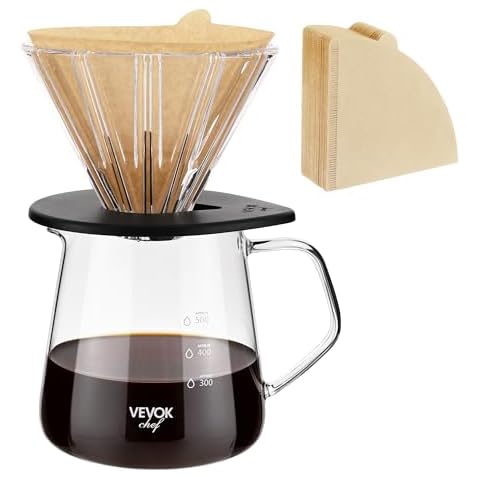 VEVOK CHEF Pour Over Coffee Maker Set, 20 Oz Borosilicate Glass Coffee Server Carafe and Glass Coffee Dripper with 100pcs V60 Cone Paper Filter, Hand Coffee Brewer for Home, Camping, Outdoor Cover