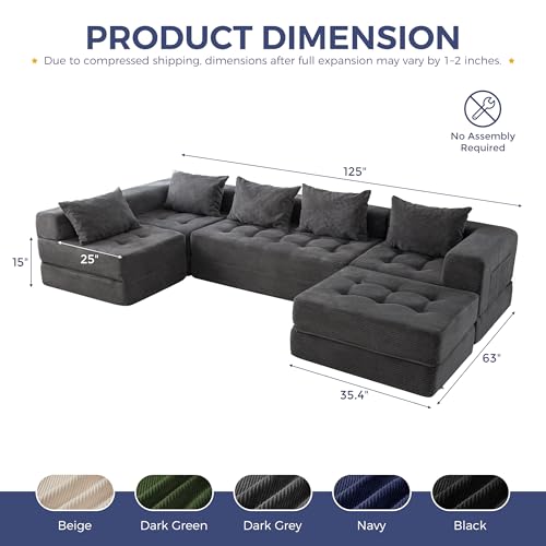 Image of MAXYOYO Modular Sectional Sofa Couch, Foldable U Shaped Cloud Couch with Pillows, Tufted 6-Seat Boneless Lounger Floor Sofa Bed for Living Room, No Assembly Required, Dark Grey