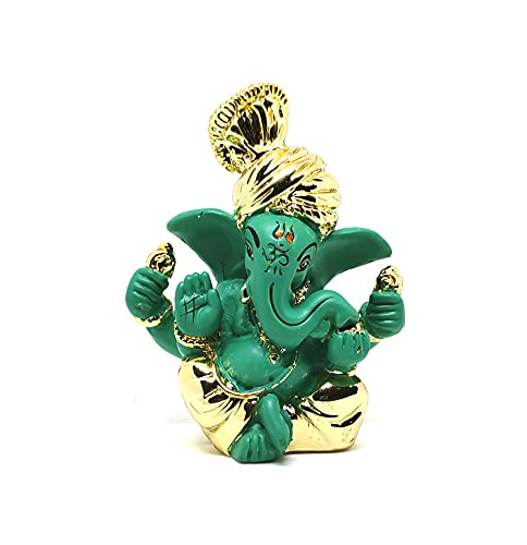 Sawcart Pagdi Ganesh / Ganpati / Ganesha Gold Plated Terracotta Puja Idol Figurine Sculpture Hindu God Of Success, Prosperity, Good Luck For Car Dashboard, Temple & Home Décor (Green) #TOP7