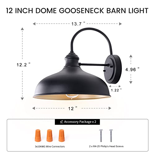 GOALPLUS 12In. Large Gooseneck Barn Light Exterior Wall Light, Classic Farmhouse Outdoor Porch Light in Matte Black with Brass Interior, Outside Wall Sconce Lights for Patio, Home, Garage, 2 Pack by GOALPLUS - Image 6