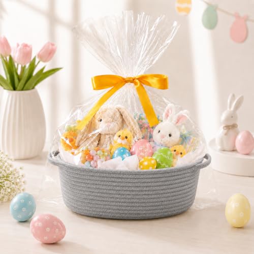 Image of Empty Gift Basket with Gift Bag & Ribbon, Woven Rope Basket, 12x8x5