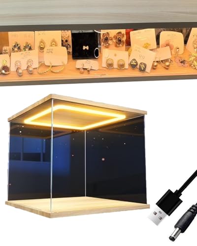 Vitrina AcríLica Vitrina para Joyas para Organizar y Almacenar. Vitrina de Mostrador en Color Natural con Puerta e Luz. Funda Extraíble para Objetos de Colección con Puerto USB.(30x30x60cm(12x12x24in)