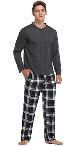 Vlazom Men's Long Sleeve Pajama Sets Pjs Sets Solid Tee and Plaid Pant Set S-XXL2