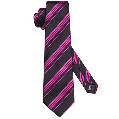 Image of Hi-Tie Black Rose Mens Ties and Flower Lapel Pin Set Silk Striped Tie Pocket Square Cufflink Set 4PC Necktie for Business
