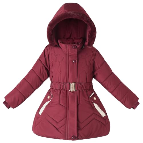 Kids Winter Fleece Lined Padded Coat Girls Fur Collar Hooded Puffer Jacket Parka