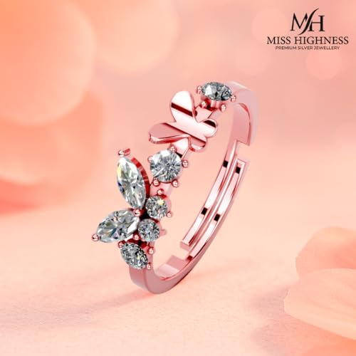 Image of Miss Highness 925 Sterling Pure Silver Ring for Women, Butterfly Rings, Adjustable Size, Daily Wear Silver Jewellery with Certificate of Authenticity, Birthday, Anniversary, Gift for Wife & Girlfriend
