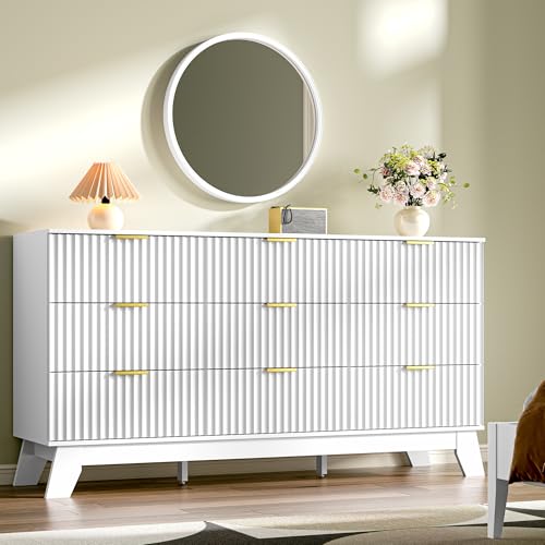 Image of Fluted Dresser for Bedroom with 9 Drawers, 57 inch White Dressers & Chest of Drawers, Mid Century Modern Dressers TV Stand, Boho Wood Dresser for Closet Wide Storage Organizer for Living Room, Hallway