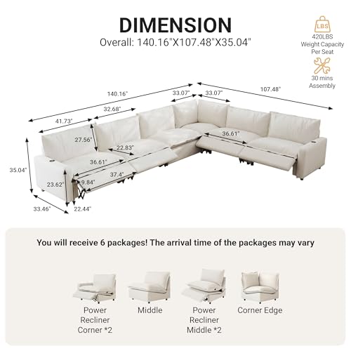 Image of 140.16 inch Power Reclining Sofa with Wireless Charging & Heated Seats,Smart Recliner Sectional Couch,Zero Gravity Recliner Sofa,Deep Seat Cloud Couch for Living Room Home Theater,Beige,6 Seats