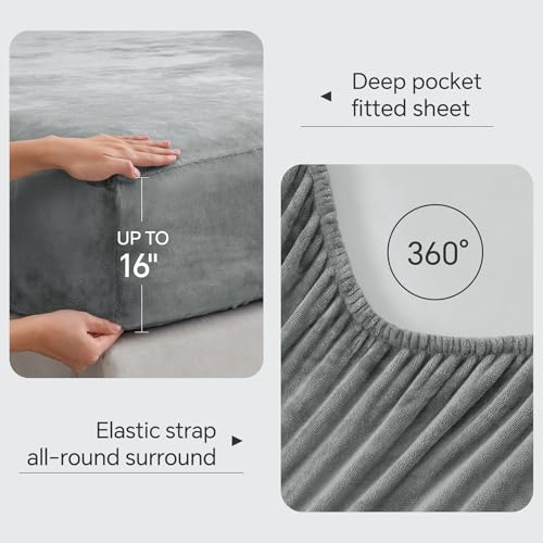 BEDELITE Flannel Sheets Queen Size Grey - Super Soft Fleece Sheets Set Fluffy Extra Plush, 4 Piece(Include Fitted Sheet, Flat Sheet, 2 Pillowcases) - Image 5
