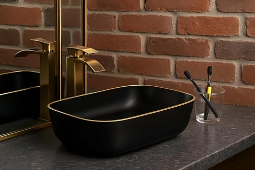 Image of OSOSAM Premium Designer Table Top Ceramic Wash Basin /Vessel Sink with Slim Rim for Bathroom (18 x 13 x 5.5 Inch) (Matte Black)