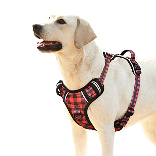HEELE Reflective Dog Harness with Padded Handle Control, 2 Metal Rings - Harness for Small to Large Dogs Checkered-Red, XL