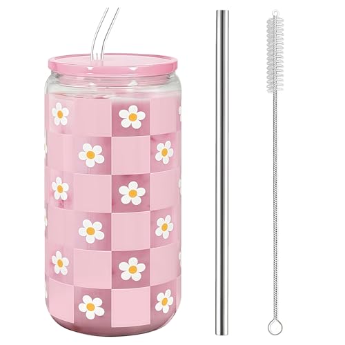 Aesthetic Stuff – 16 oz Blumenmuster Glasbeker met Deksel en Rietje, Roze Ruitjesontwerp, Cadeau voor Dames, Perfect voor Koffie, Smoothies en Meer