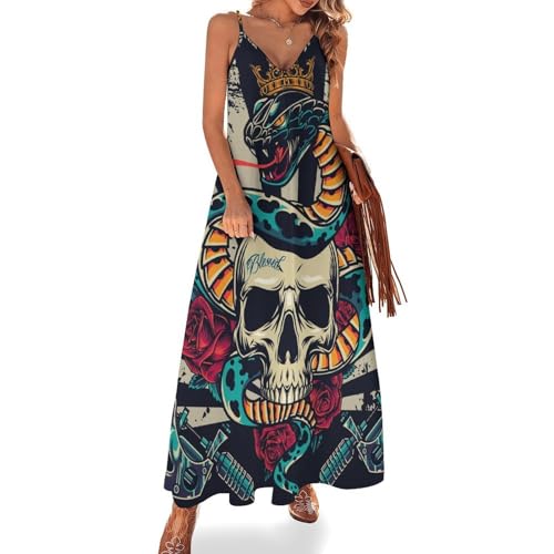 Robe longue pour femme avec motif crâne de serpent sans manches pour l'été et la plage