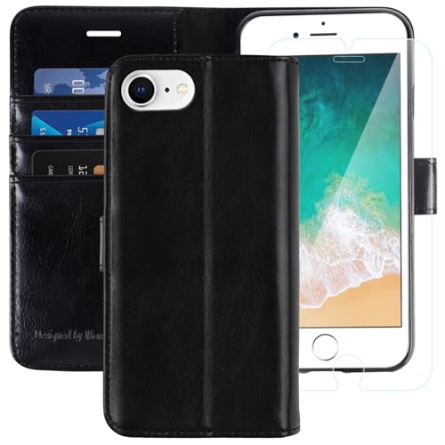 MONASAY Case Compatible for iPhone SE 2022/2020 5G,iPhone 7/8 Wallet Case,4.7-inch, [Glass Screen Protector] Flip Folio Leather Cell Phone Cover with Credit Card Holder, Black