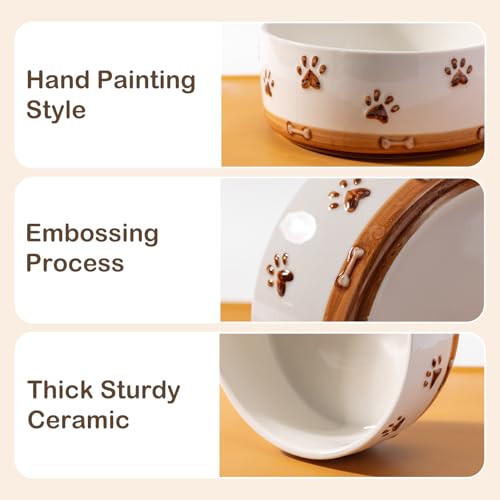Ceramic Dog Bowls for Small and Medium Dogs, 4 Cups Dog Food and Water Bowl Set with Wooden Stand and Non-Slip Silicone Food Mat, Weighted Embossed Cute Puppy Bowls Feeding Dishes Set of 2 - Image 6