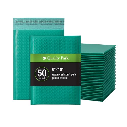 Image of Quality Park Bubble Mailers, 6 inch x 9 inch, Turquoise Poly Mailers, Padded Envelopes, Shipping Bags, Water Resistant, Self Seal, 50 Per Box (QUA85913)
