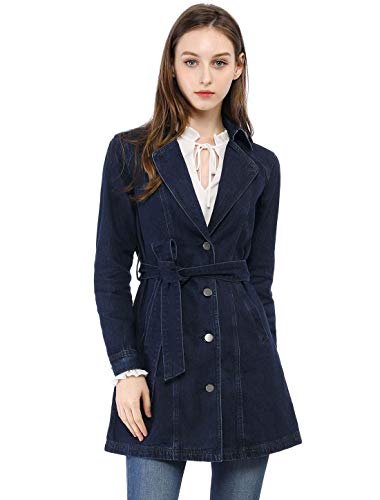 Allegra K Women's Notched Lapel Belted Trench Long Jean Denim Jacket Small Dark Blue #TOP1