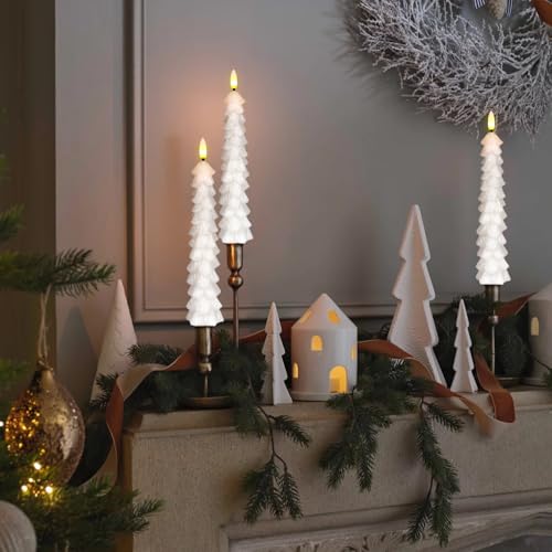 Image of Christmas Tree Candles with Remote Timer, 4 Pcs Waxy Flameless Taper Candles Flickering, Battery Operated LED Candlesticks with 3D Flame Wick, White Window Candle for Christmas Decorations