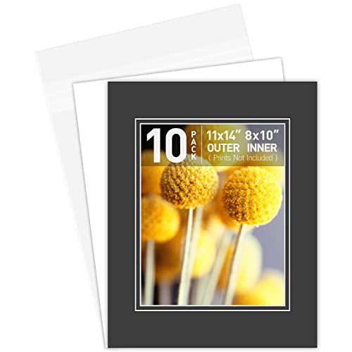 Golden State Art, Double Picture Mats With White Core Bevel Cut For 8X10 Photo Pictures (Mats, Backing, Clear Bags Included), Black Over Black, 11X14-10 Pack (Double Mat) #TOP28