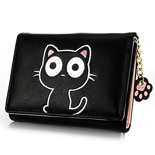 Rairsky Porte Feuille Femme Chat Mignon en Noir,Trifold,Cuir PU,Petit Porte Monnaie Femme avec Fermeture Éclair Décorative Onçu pour Les Femmes, Les Adolescents, Les Garçons et Les Filles Cover