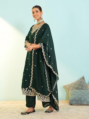 Image of Naixa Women's Vichitra Silk Embroidered A-Line Kurta with Pant and Dupatta Sets (NX-845)