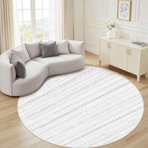 Nakagishi Round Rug Boho Area Rugs: 8x8 Washable Large Circle Neutral Soft Stain Resistant Non-Slip Carpet for Women Aged 25-45 Farmhouse Home Decor Enthusiasts - Living Room Bedroom Dining Room