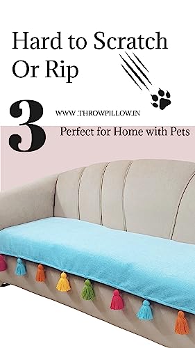 Image of Blue Sofa Cover Multicoloured Tassels: Sofa Slipcover: Thick Fabric, Scratch Resistant, Stylish & Functional: Seat & Front Back Protection -Set of 3 Covers- 4 Seater Sofa Cover Set (2+1+1 Seater)