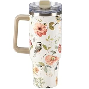 Primitives by Kathy Travel Mug elegant watercolor design of Chicadees surrounded by Spring Flowers