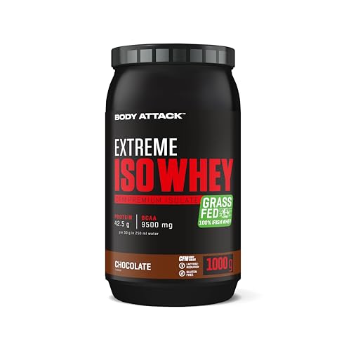 Body Attack Extreme Iso Whey Protein Pulver Chocolate, 1 kg Protein Pulver, leicht löslich & schnell verdaubares Whey Isolate - aus 100% irischer Weidemilch
