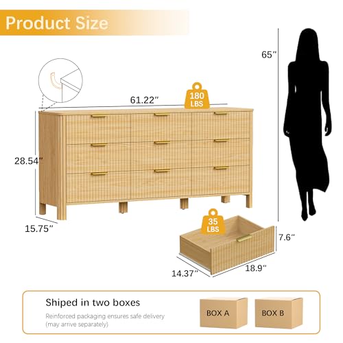 Image of Wodeer 9 Drawer Dresser for Bedroom, 62 inch Wide Wood Storage Cabinet with Fluted Design, Modern Chest of Drawers & TV Stand for Living Room, Nursery Clothing Organizer with Metal Slides, Anti-Tipping