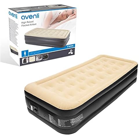 Avenli 88080 High Raised Flocked Airbed | Twin Size | Built in Pump | Quick & Easy Inflation, Vinyl, Beige/Black Cover