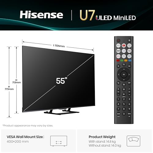 Hisense 55" 55U7QTUK MiniLED QLED 144Hz Smart AI TV - Hi-View AI Engine, 144Hz Game Mode PRO, 2.1 Channel, Dolby Atmos, Quantum Dot Colour, Anti-Reflection with Freely, Disney +, YouTube, Netflix - Image 5