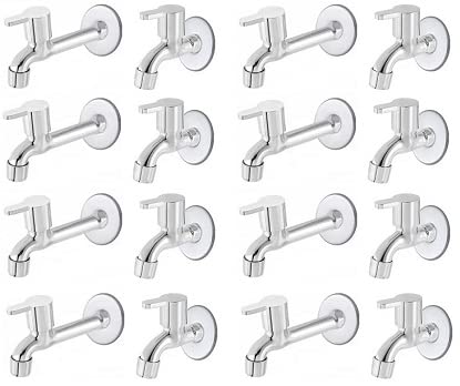 Spazio Stainless Steel Fusion Bib Cock with Long Body Combo Pack Foam Flow Water Taps with Wall Flange (Pack of 8) (Chrome Plated, Brass Disc)