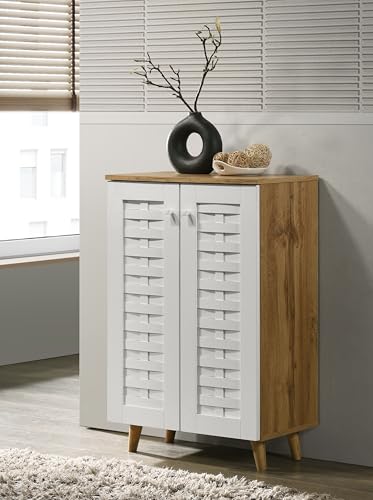 Image of DeckUp Amari 2-Door Engineered Wood Shoe Rack (Wotan Oak & White, Matte Finish)