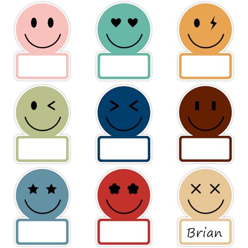 Image of Whaline 135 Pcs Boho Smile Face Name Tag Stickers Dark Color 9 Designs Nameplate Decals Classroom Bulletin Board Labels for Back to School Desk Wall Message Board Decor