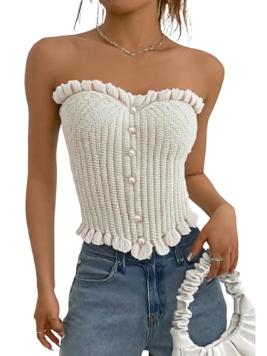 GORGLITTER Women's Pearl Strapless Tops Summer Outfits 2025 Beach Vacation Clothes Asymmetrical Tube Tops2