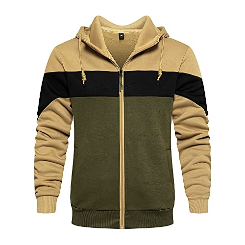 Men's Sweatshirt Full Zip Long Sleeve Loose Soft Casual Trendy Hoodie Cowl Neck for Men Khaki L