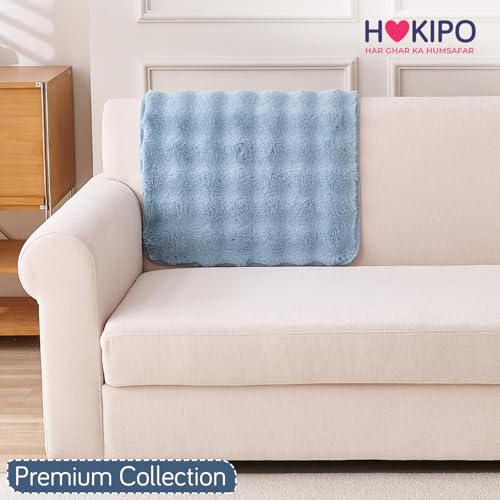 Image of HOKIPO 'FurHug' Luxury Faux Rabbit Fur Sofa Backrest Cover with Anti-Slip Backing, Charm Blue (AR-6289-BL*1S)