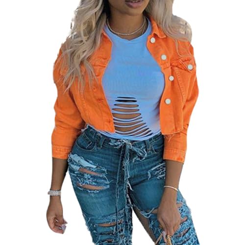 Women's Denim Short Coat, Solid Color Long Sleeve Lapel Jacket Button Down Distressed Hem Crop Jeans Coat