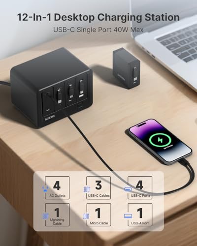 Image of Gitryin 12-in-1 Desktop Charging Station with 3 Retractable Type-C Charger Blocks, 1 Micro Charger and 1 Lightning Charger, 4 USB C Ports, 160W Fast Charging Hub with 33.5in Cable for Multiple Devices