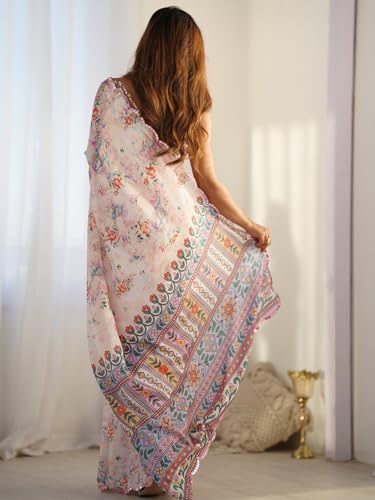 Image of Panzora Women's Chinon Printed Saree With Unstitched Blouse Piece