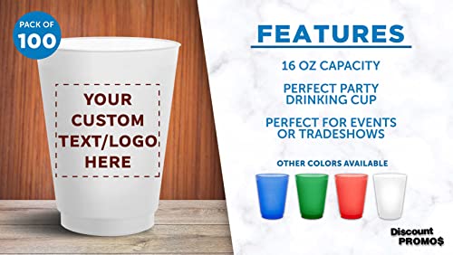 Custom Frosted Plastic Stadium Cups, 100 pack, Promotional Text, Logo, 16 oz. Shatterproof Flexible Reusable Party Cups, Natural