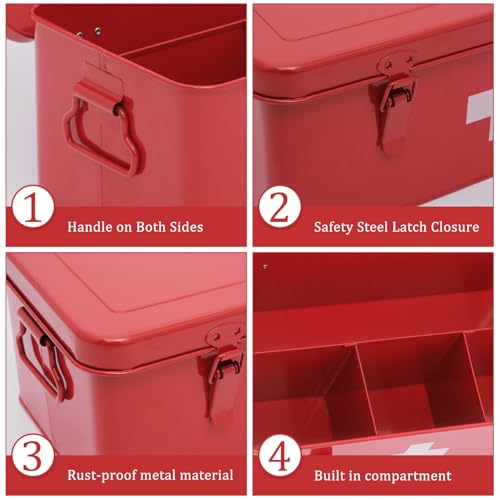 Image of First Aid Box Empty, Metal Medicine Box with Safety Lock, Medical Storage Organizer, First Aid Kit Supplies Organizer for Emergency Set (Red)