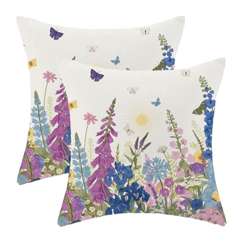 Image of AEIOAE Spring Pillow Covers 18x18 Inch Set of 2, Navy Blue Sage Green Pink Wild Flower Throw Pillows Case,Seasonal Floral Plant Outdoor Decorative Farmhouse Decor Cushion Covers for Sofa Bed Couch