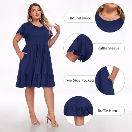 Image of Women's Plus Size Casual Dress Crew Neck Ruffle Floral Short Sleeve Summer Midi Dresses with Pockets