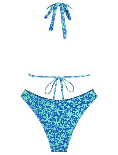 Image of ZAFUL Women Halter Dual Straps Whip Stitch Floral Triangle Bikini Swimsuits