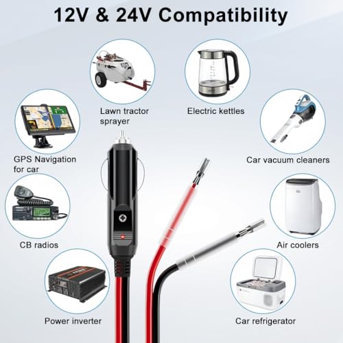 Image of STHIRA 2PCS 12V 24V Car Cigarette Lighter Socket Power Plug with 30cm Bare Wire Leads DC Adapter Connector Inline Fuse Replacement for Truck RV Accessories